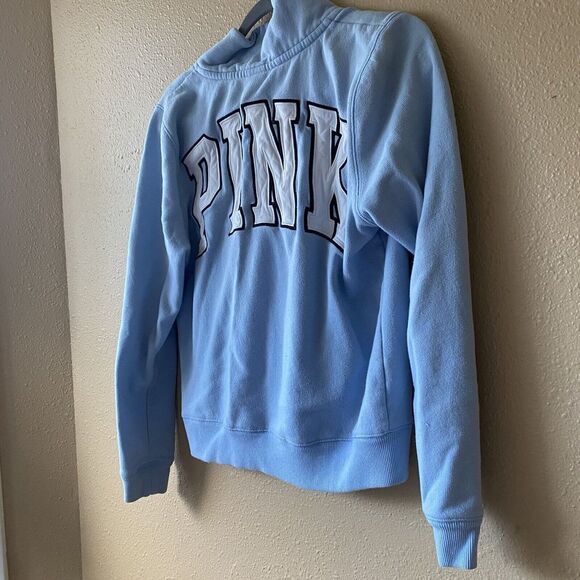Pink Victoria's Secret Jacket Medium Blue Women Spellout 1/4 Zip‎ Pullover Stain - Picture 1 of 12